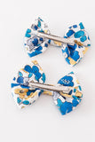 Blue floral print piggie hair bow - Aaria Tees Aaria Tees
