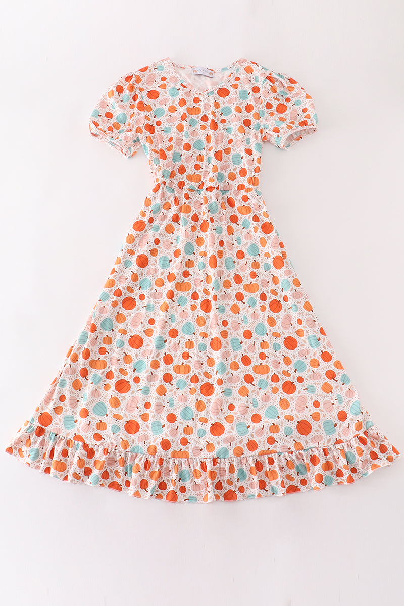 Orange pumpkin print mom dress - Aaria Tees