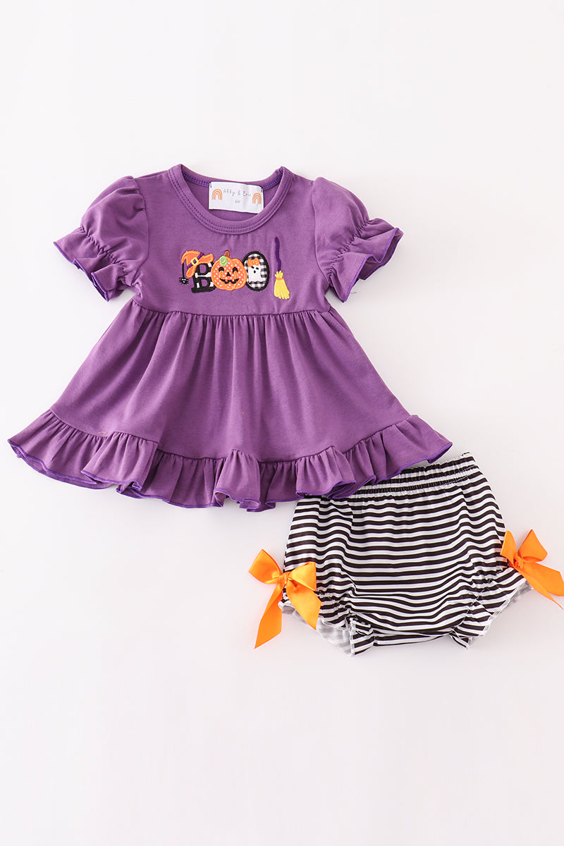 Halloween pumpkin ghost applique girl bloomers set - Aaria Tees