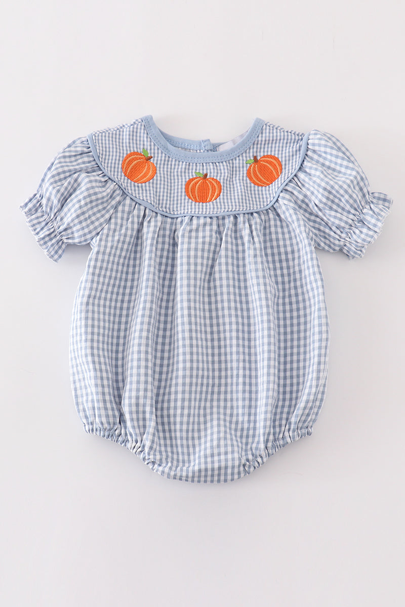 Blue woven check pumpkin embroidery girl bubble - Aaria Tees