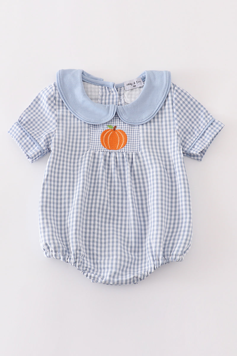 Blue woven check pumpkin embroidery boy bubble - Aaria Tees