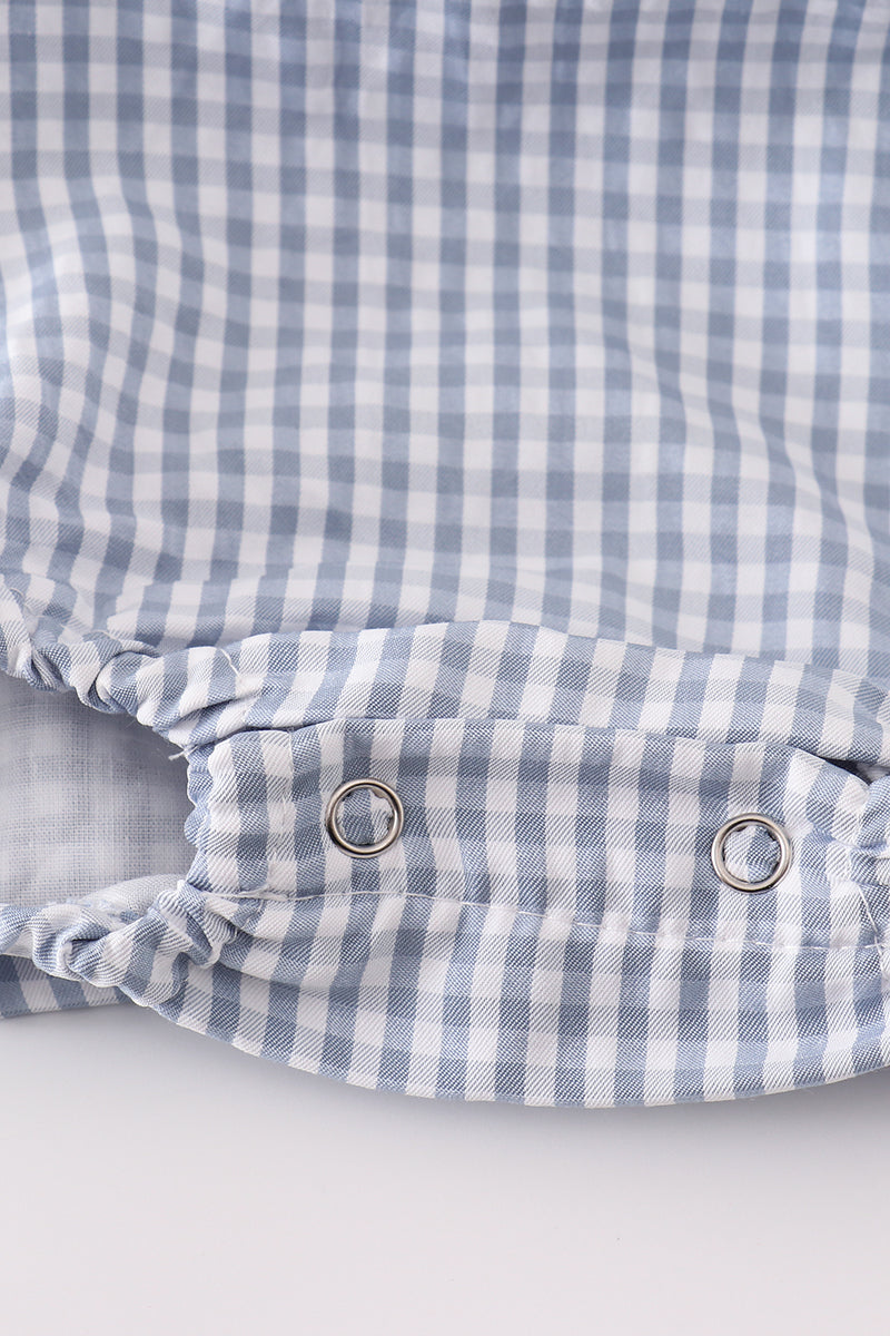 Blue woven check pumpkin embroidery boy bubble - Aaria Tees Aaria Tees