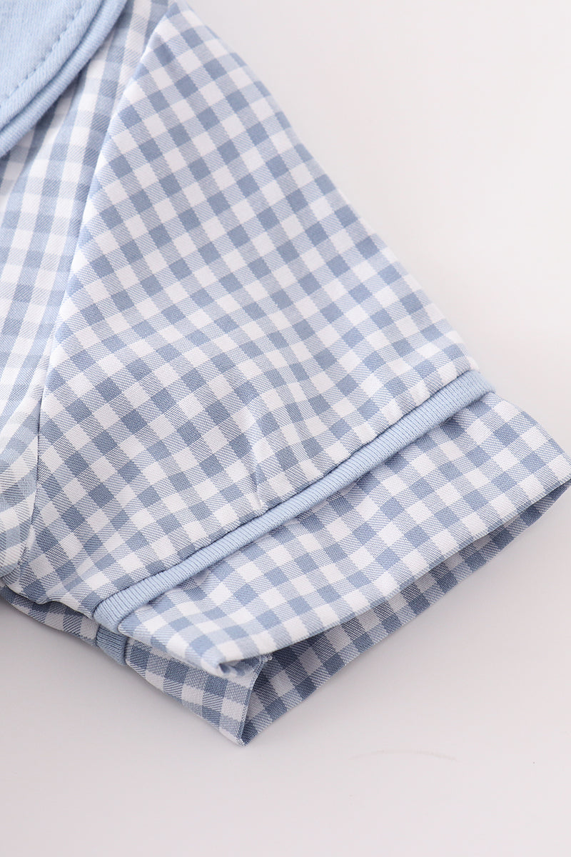 Blue woven check pumpkin embroidery boy bubble - Aaria Tees Aaria Tees