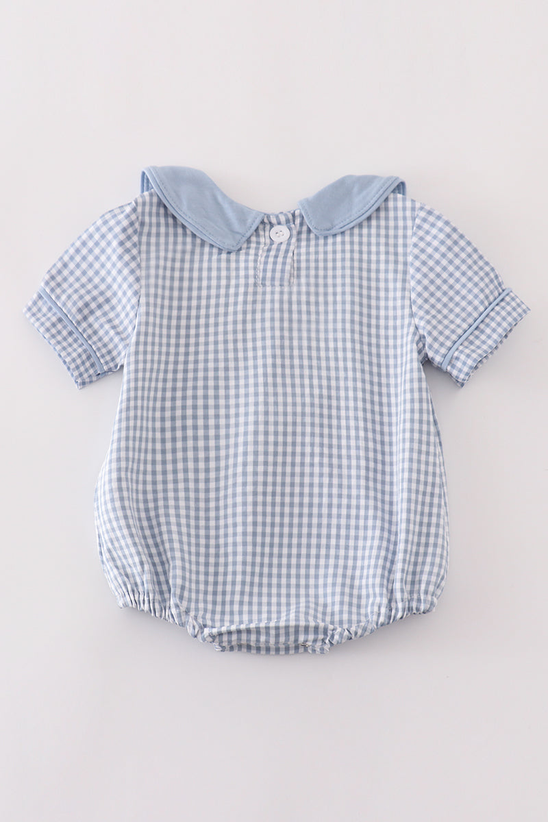 Blue woven check pumpkin embroidery boy bubble - Aaria Tees Aaria Tees