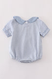 Blue woven check pumpkin embroidery boy bubble - Aaria Tees Aaria Tees
