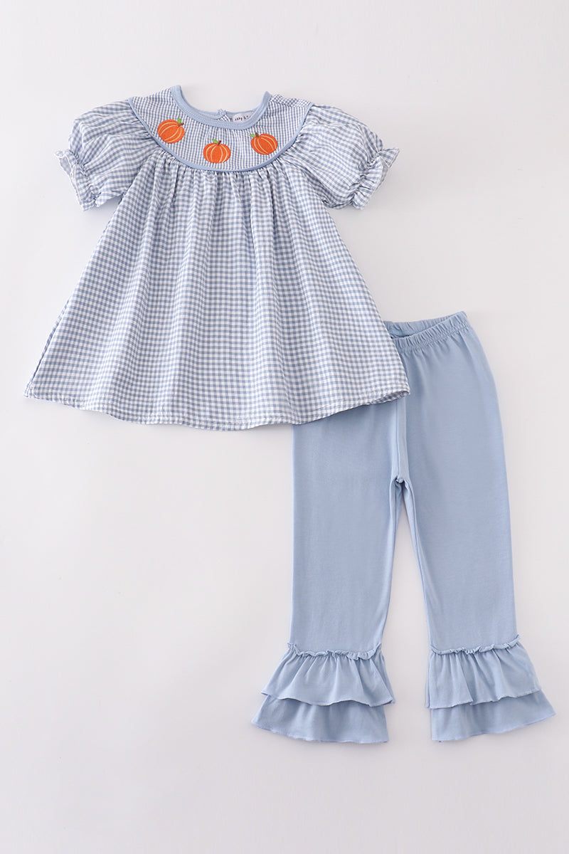Blue woven check pumpkin embroidery girl set - Aaria Tees