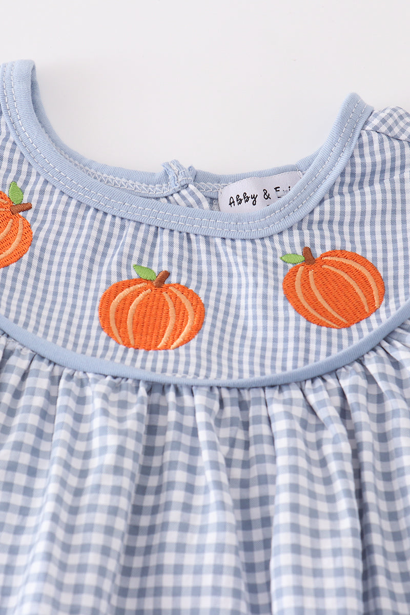 Blue woven check pumpkin embroidery girl set - Aaria Tees Aaria Tees