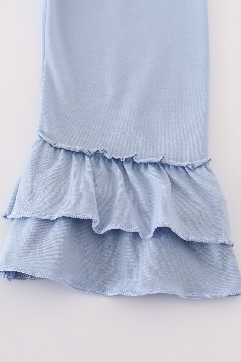 Blue woven check pumpkin embroidery girl set - Aaria Tees Aaria Tees