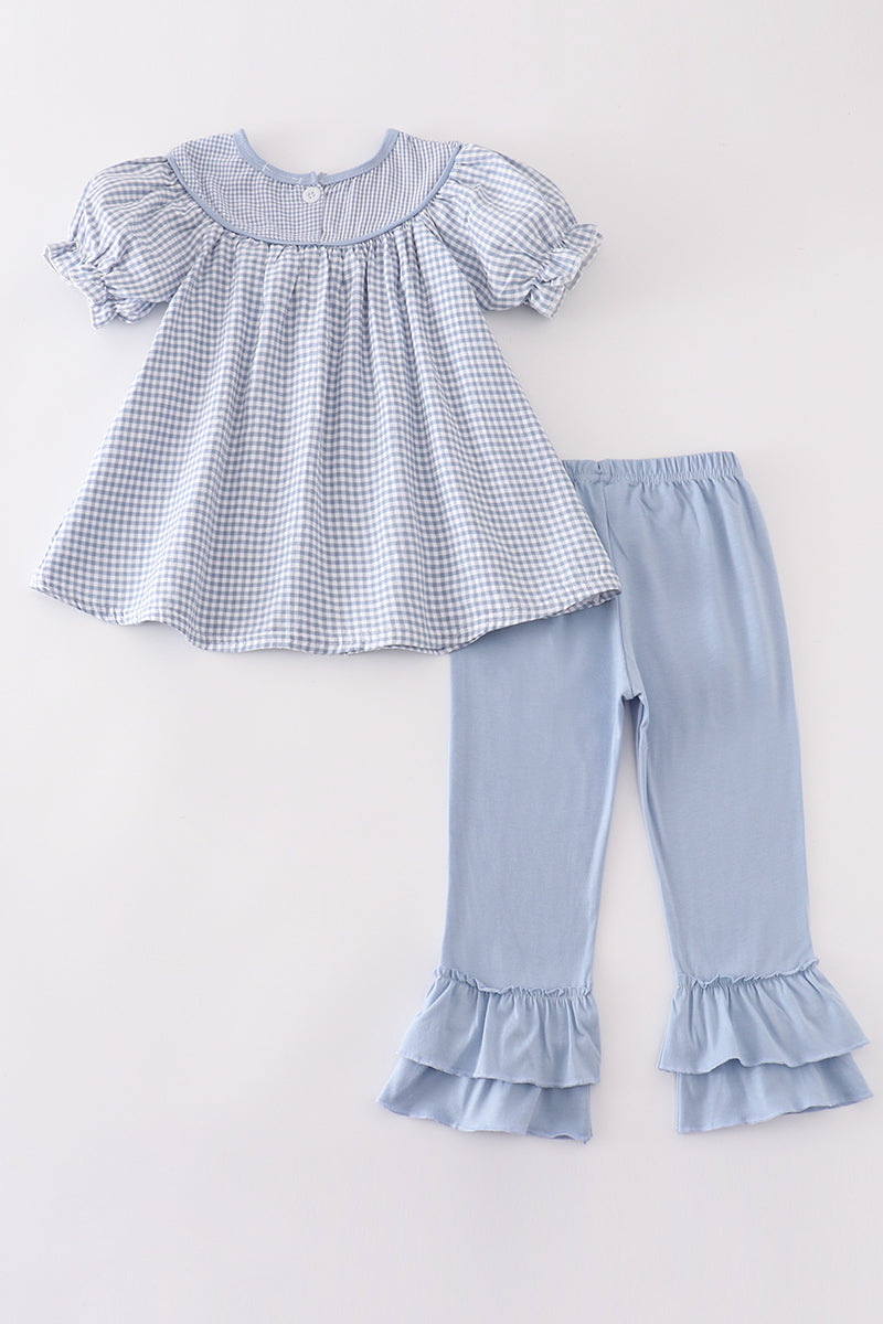 Blue woven check pumpkin embroidery girl set - Aaria Tees Aaria Tees