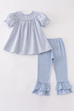 Blue woven check pumpkin embroidery girl set - Aaria Tees Aaria Tees