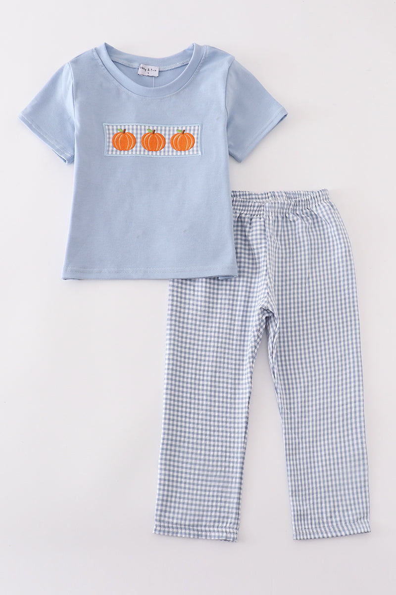 Blue woven check pumpkin embroidery boy set - Aaria Tees