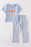 Blue woven check pumpkin embroidery boy set - Aaria Tees Aaria Tees