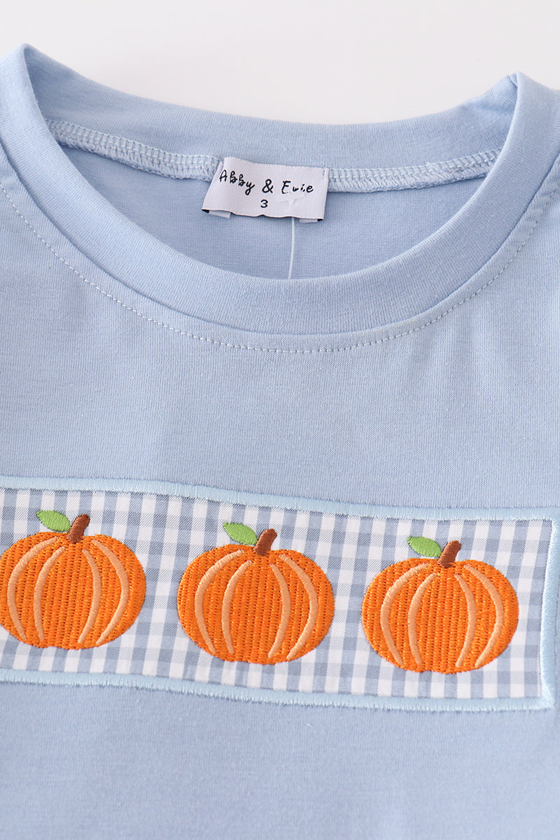 Blue woven check pumpkin embroidery boy set - Aaria Tees Aaria Tees