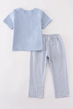 Blue woven check pumpkin embroidery boy set - Aaria Tees Aaria Tees