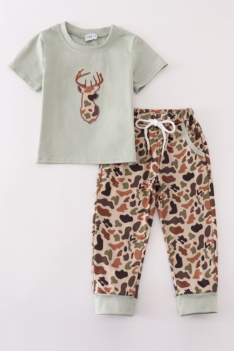 Sage camouflage deer applique pants set - Aaria Tees