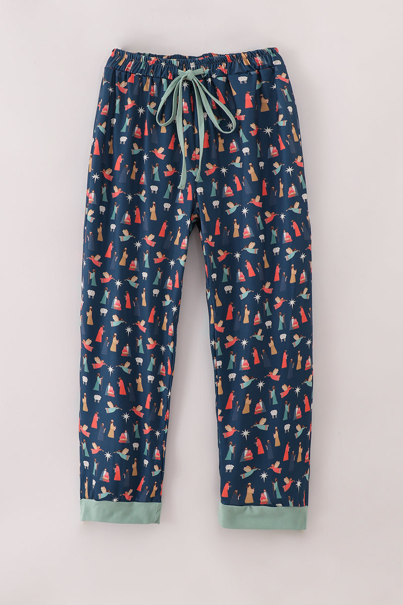 Navy nativity print mom pajamas pants - Aaria Tees Aaria Tees