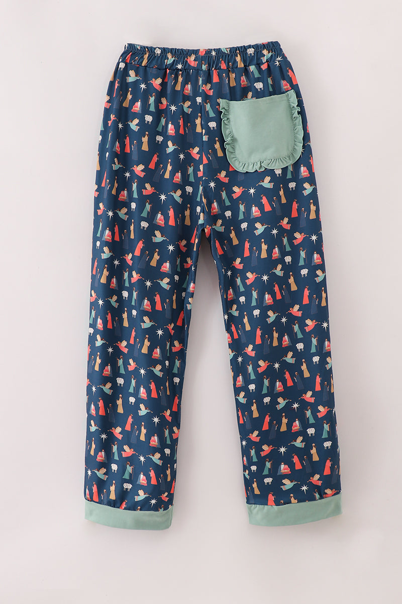 Navy nativity print mom pajamas pants - Aaria Tees Aaria Tees