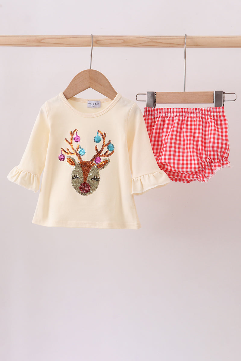 Beige reindeer sequin bloomer set - Aaria Tees Aaria Tees