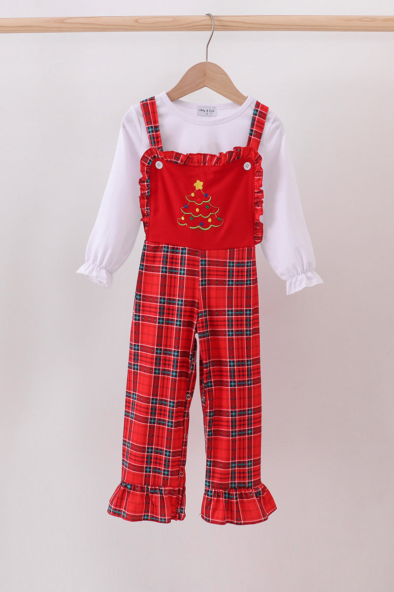 Red tree embroidery plaid ruffle jumpsuit set - Aaria Tees
