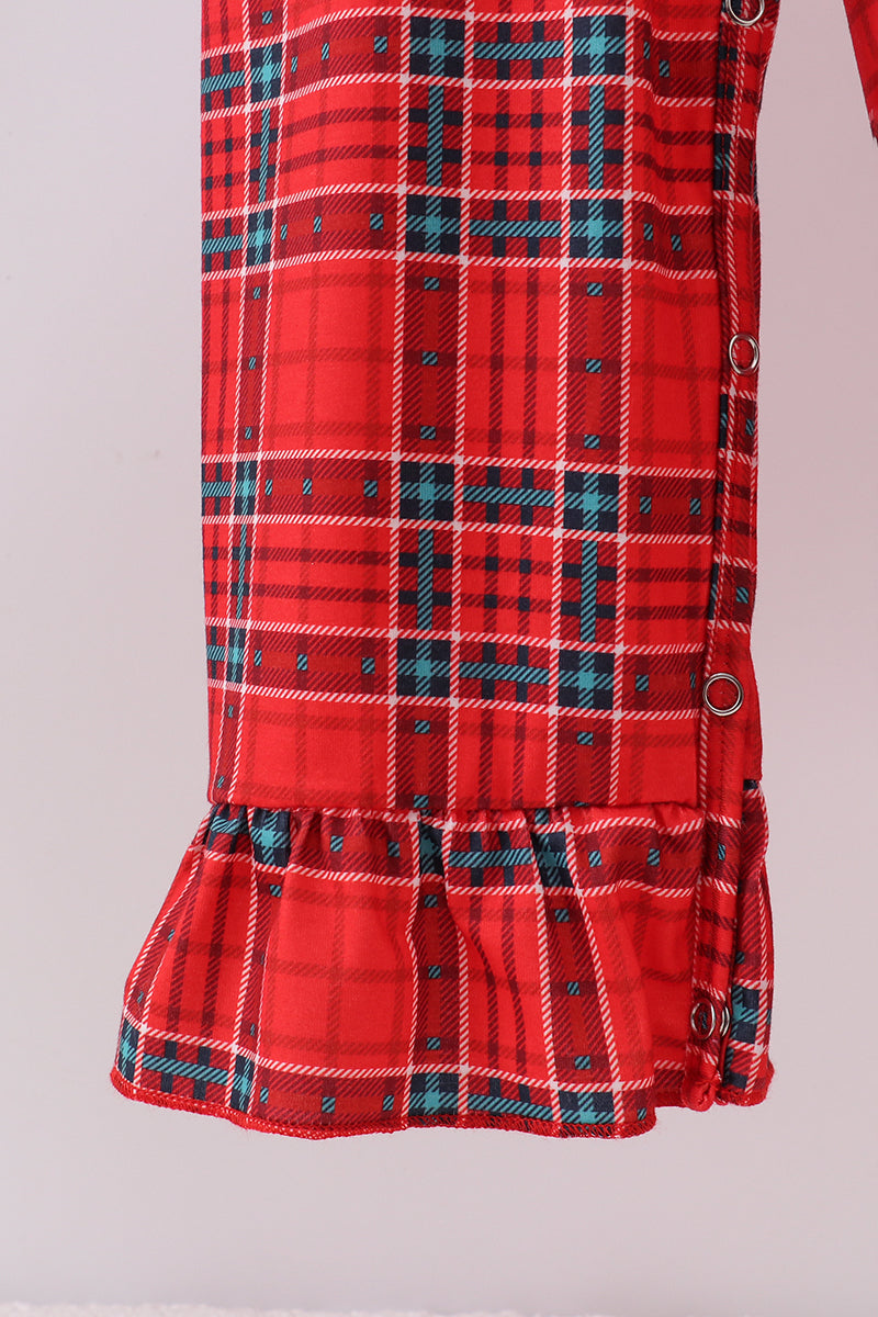 Red tree embroidery plaid ruffle jumpsuit set - Aaria Tees Aaria Tees