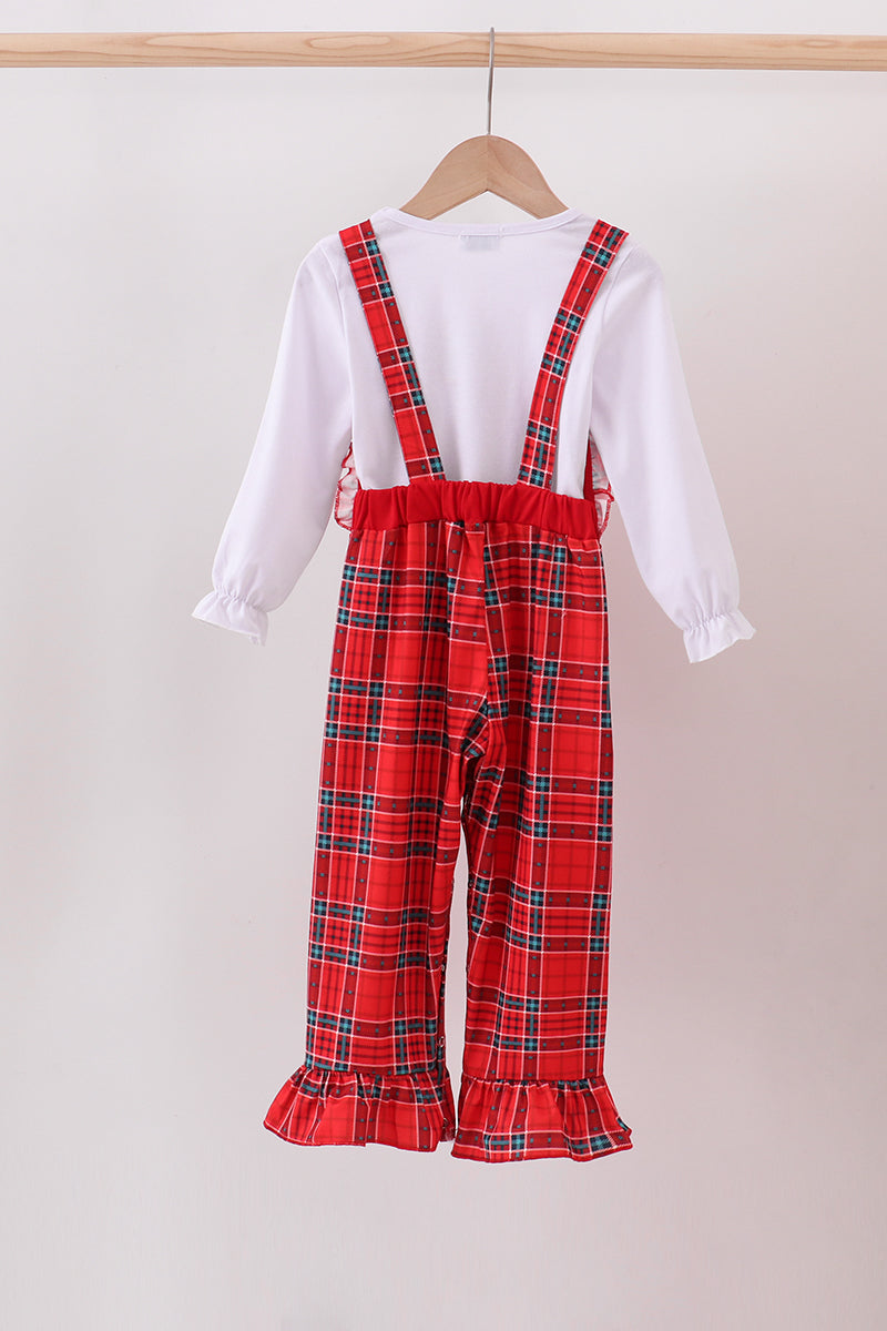 Red tree embroidery plaid ruffle jumpsuit set - Aaria Tees Aaria Tees
