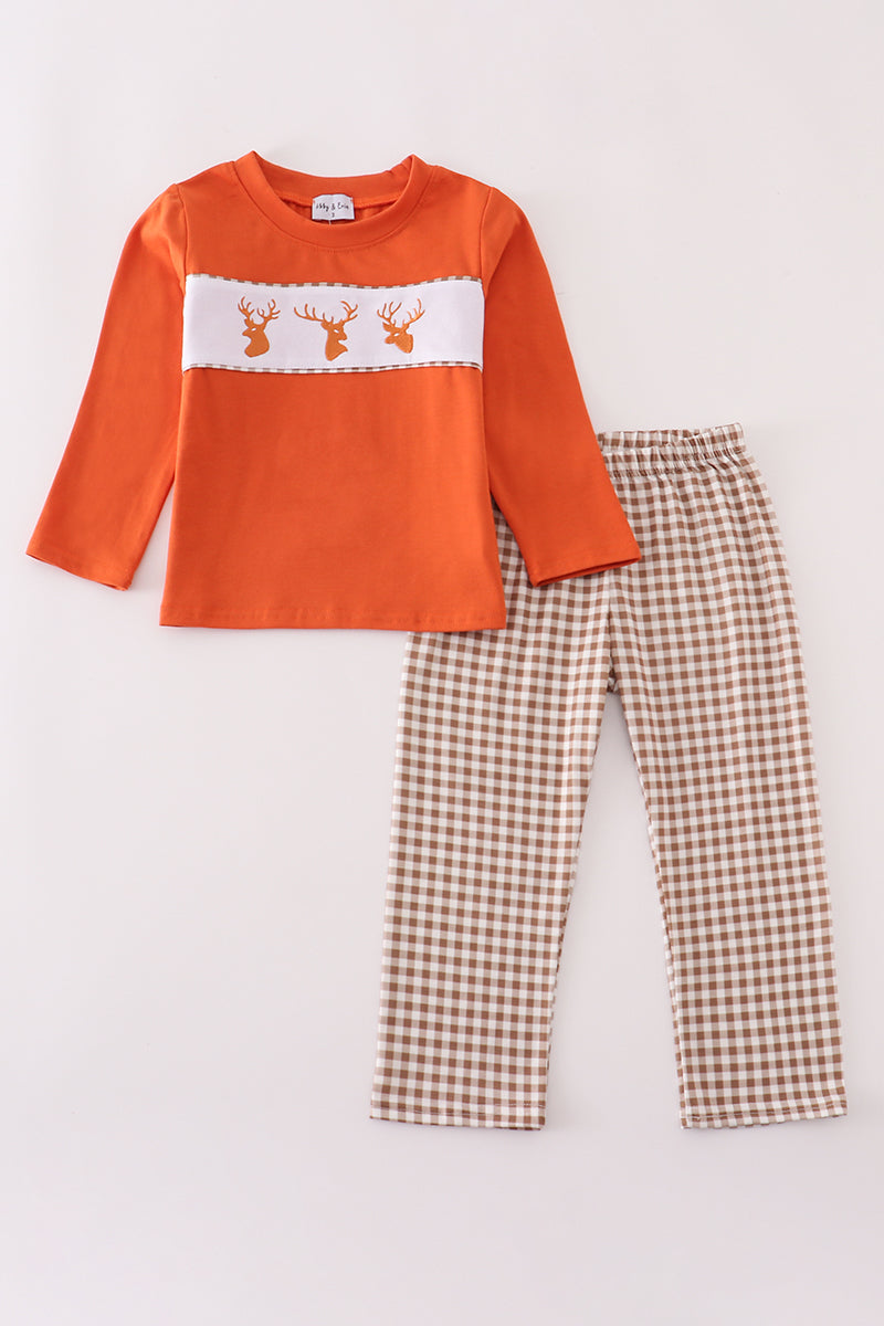 Rust deer embroidery gingham pants set - Aaria Tees Aaria Tees