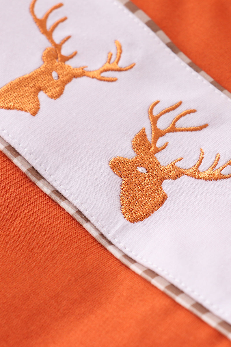 Rust deer embroidery gingham pants set - Aaria Tees Aaria Tees