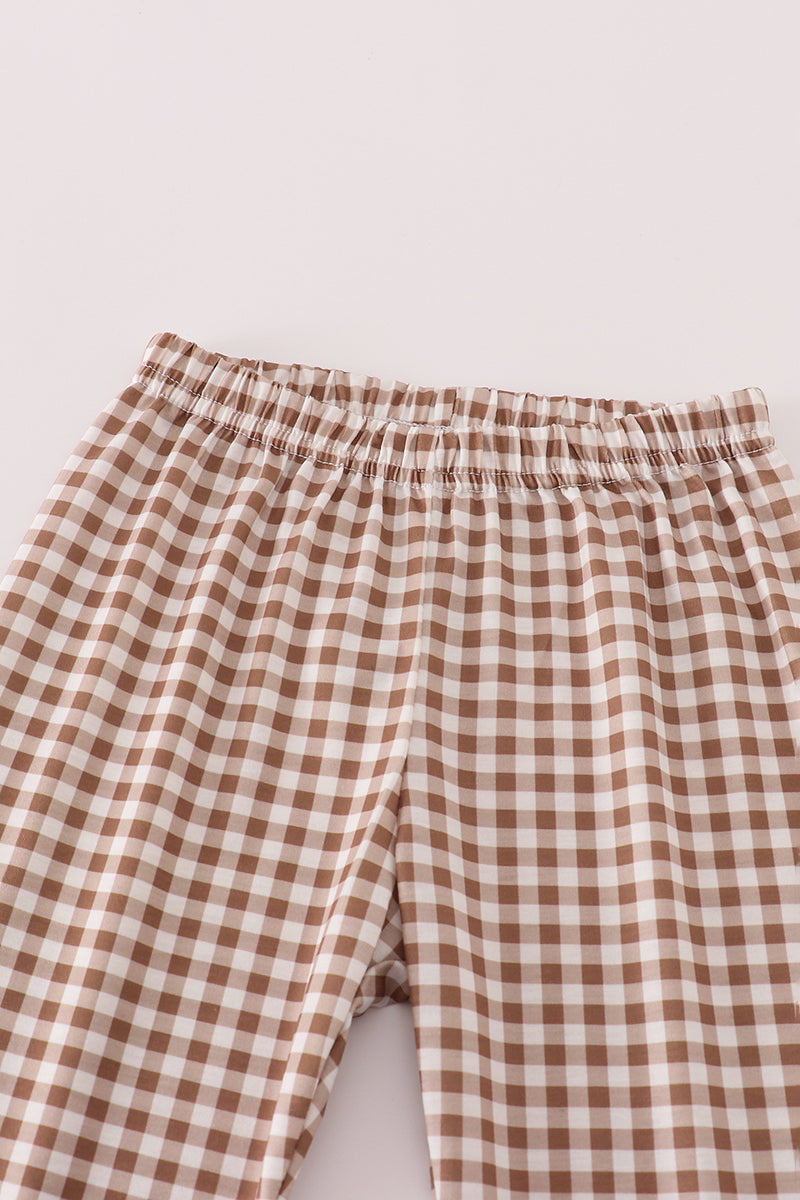 Rust deer embroidery gingham pants set - Aaria Tees Aaria Tees