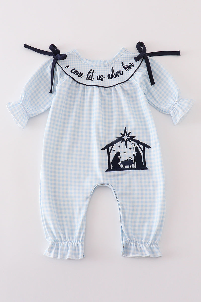 Navy plaid nativity embroidery girl romper - Aaria Tees Aaria Tees