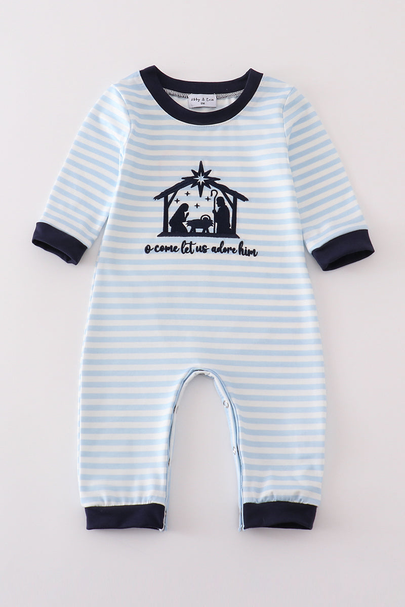 Navy plaid nativity embroidery boy romper - Aaria Tees Aaria Tees