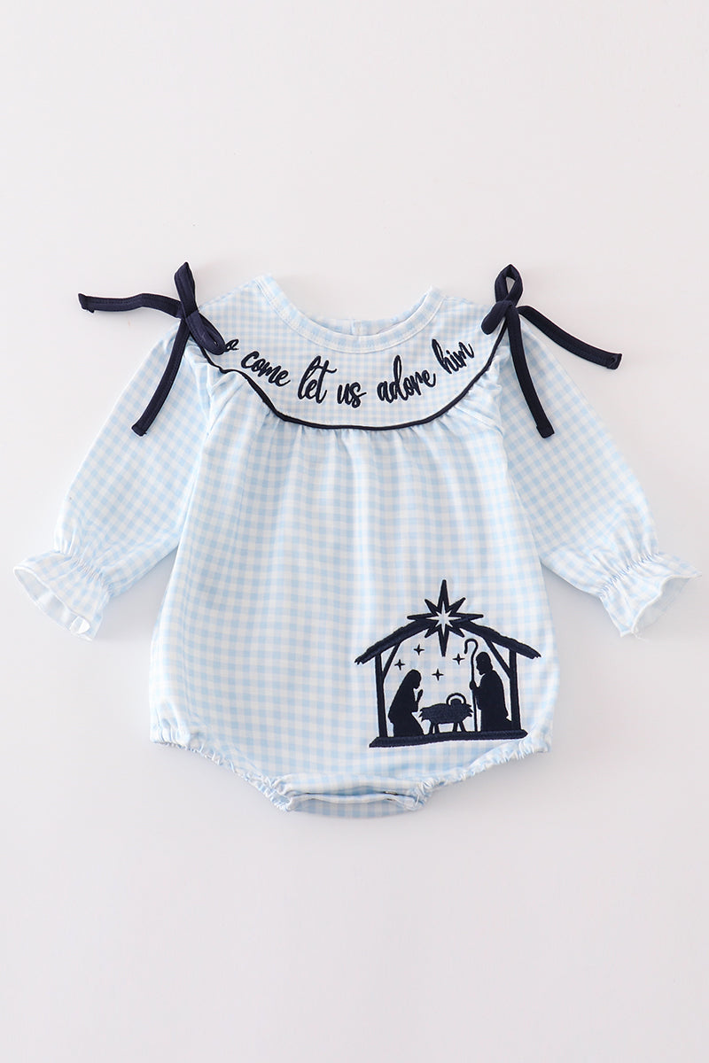 Navy plaid nativity embroidery girl bubble - Aaria Tees