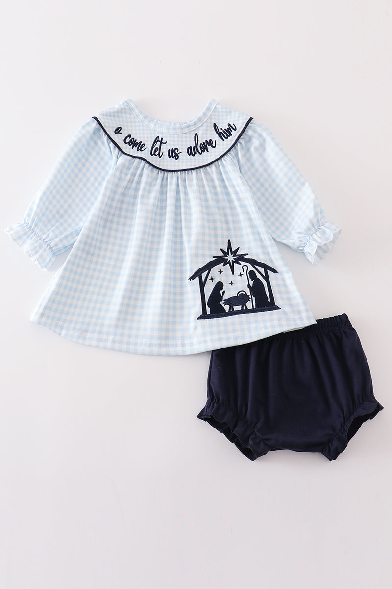 Navy plaid nativity embroidery girl bloomers set - Aaria Tees