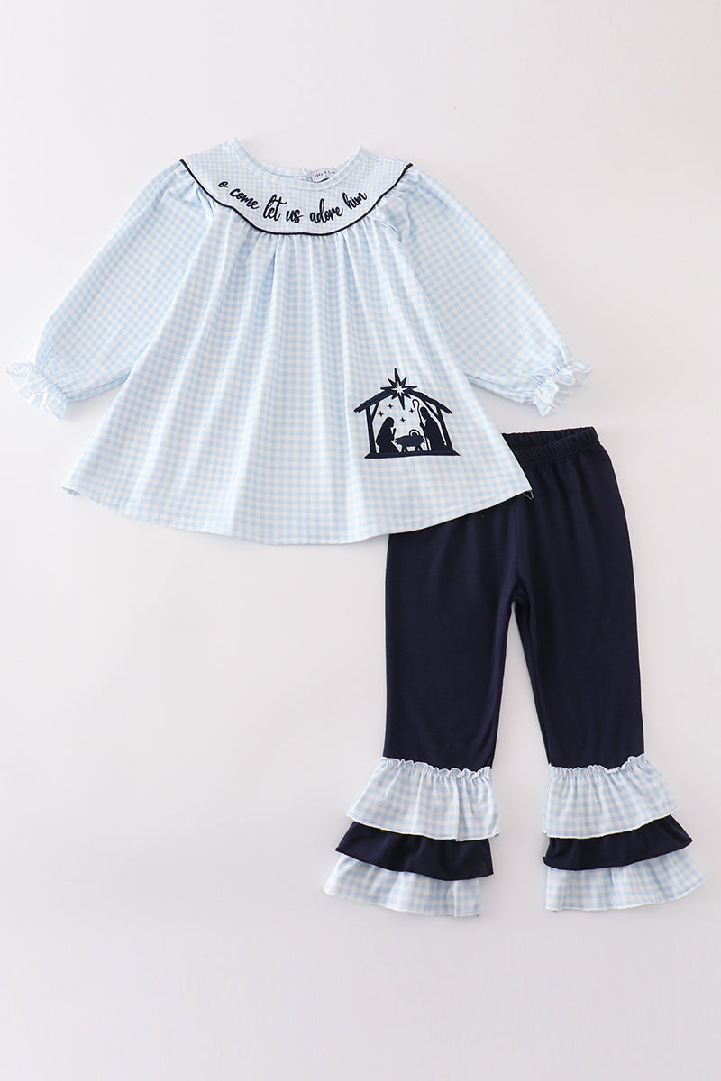 Navy plaid nativity embroidery girl set - Aaria Tees Aaria Tees