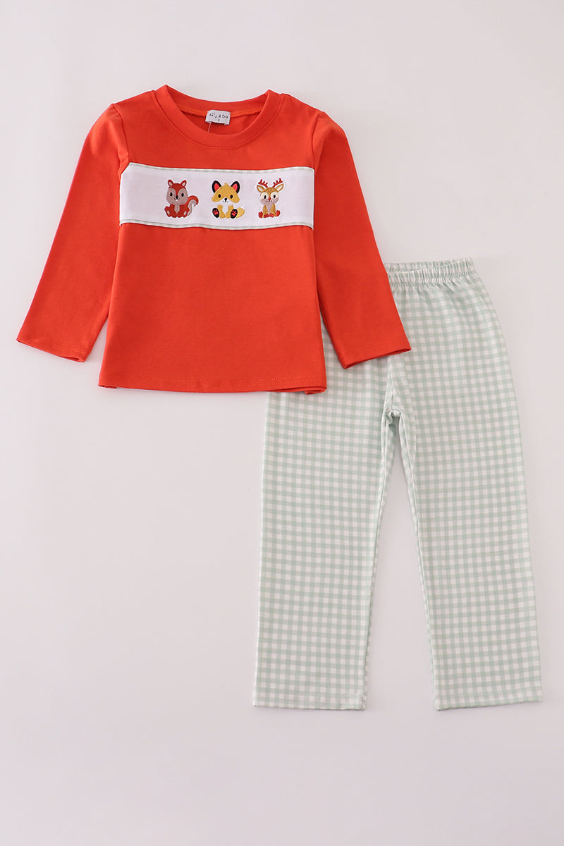 Fox embroidery gingham pants set - Aaria Tees Aaria Tees