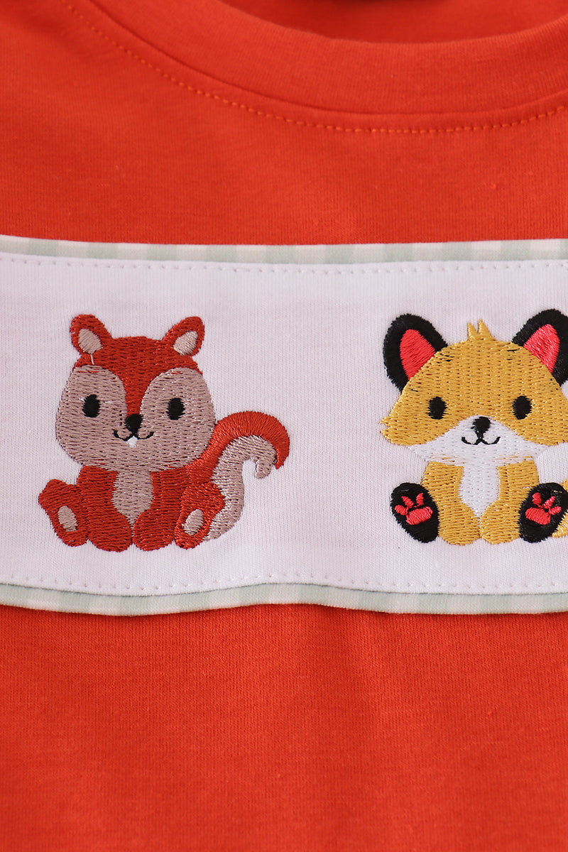 Fox embroidery gingham pants set - Aaria Tees Aaria Tees
