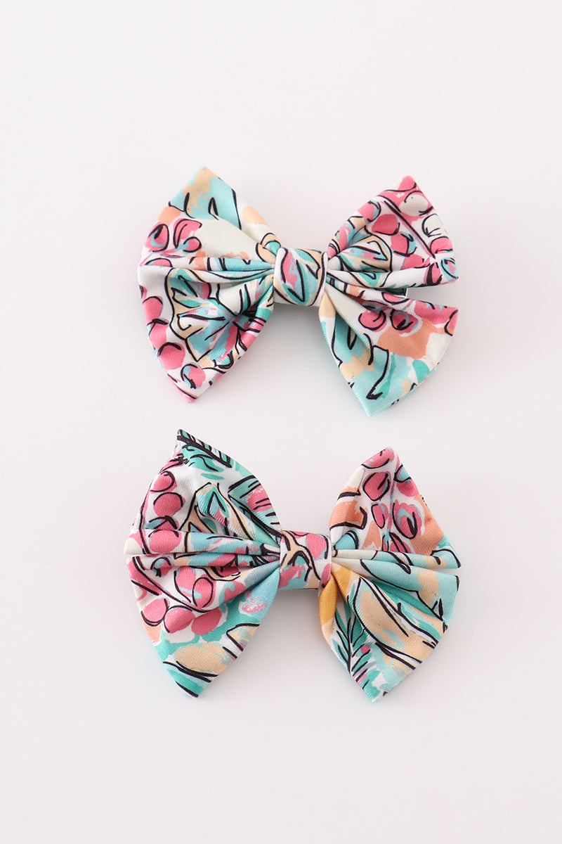 Teal floral print piggie hair bow - Aaria Tees