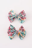 Teal floral print piggie hair bow - Aaria Tees Aaria Tees