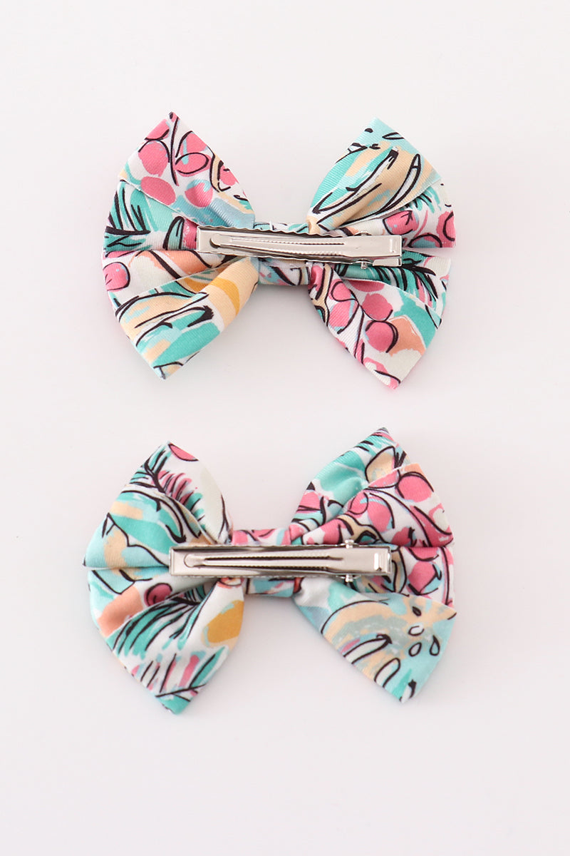 Teal floral print piggie hair bow - Aaria Tees Aaria Tees