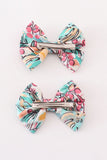 Teal floral print piggie hair bow - Aaria Tees Aaria Tees