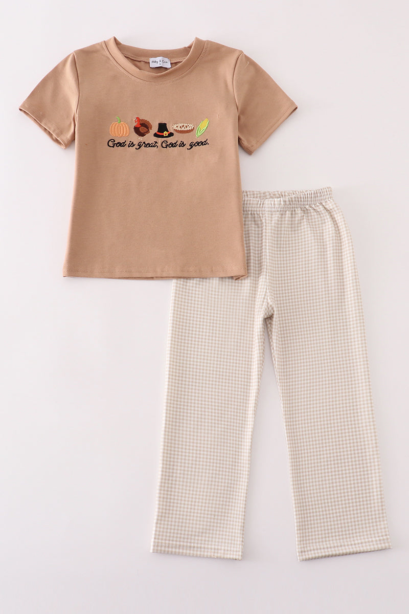 Khaki thanksgiving turkey god is great embroidery boy set - Aaria Tees