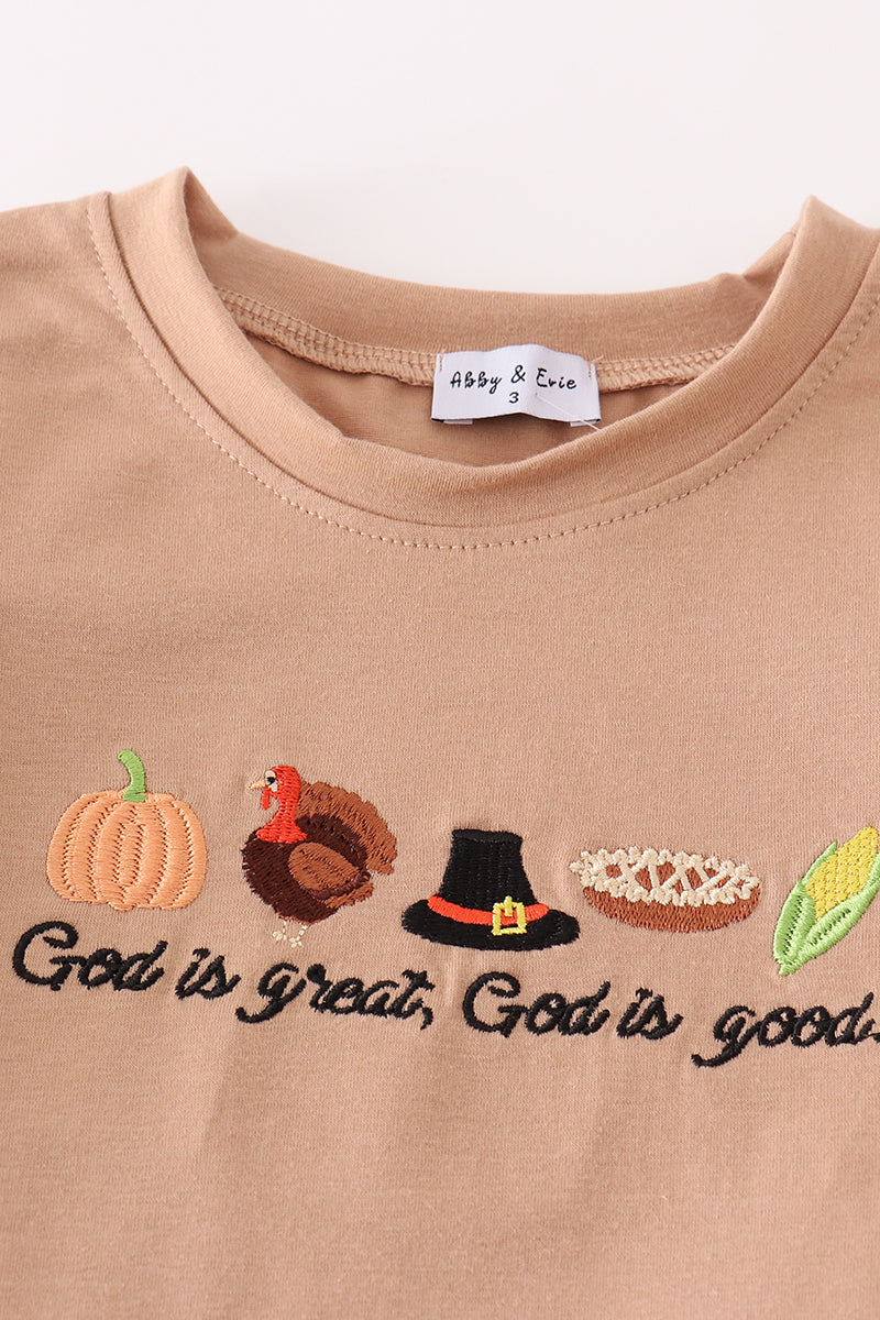 Khaki thanksgiving turkey god is great embroidery boy set - Aaria Tees Aaria Tees