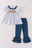 Teal thanksgiving turkey french knot plaid girl set Aaria Tees
