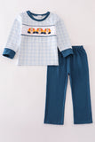 Teal thanksgiving turkey french knot plaid boy set Aaria Tees