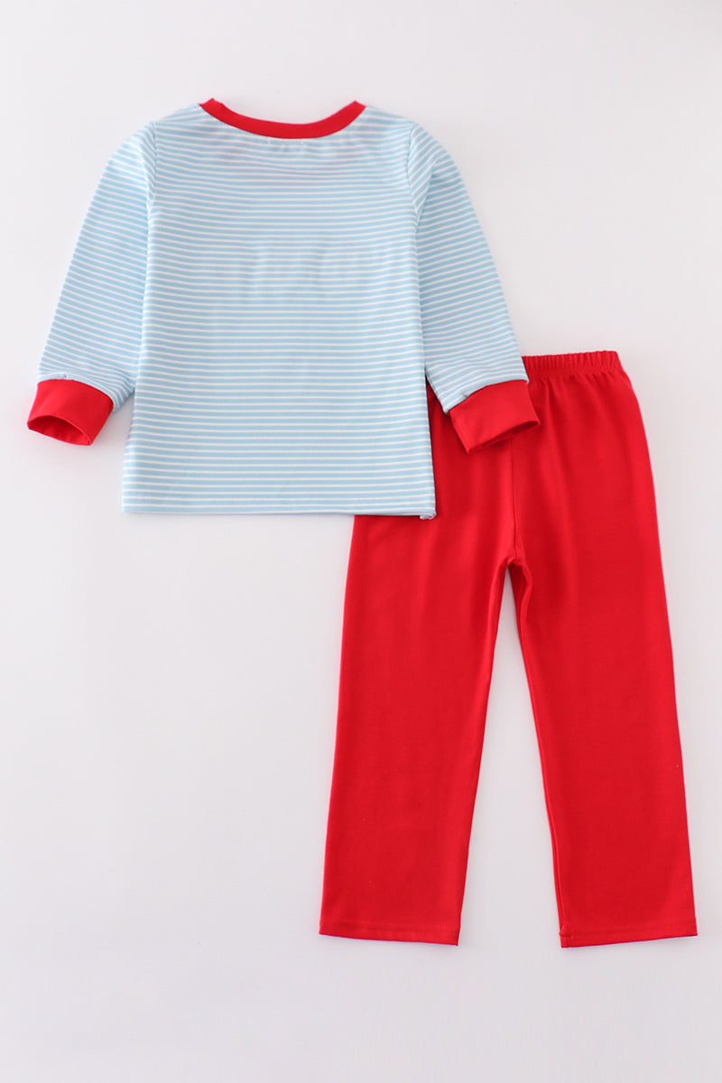 Blue stripe santa claus embroide boy set - Aaria Tees Aaria Tees