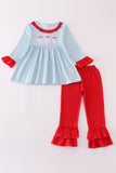 Blue stripe santa claus embroide girl set - Aaria Tees Aaria Tees