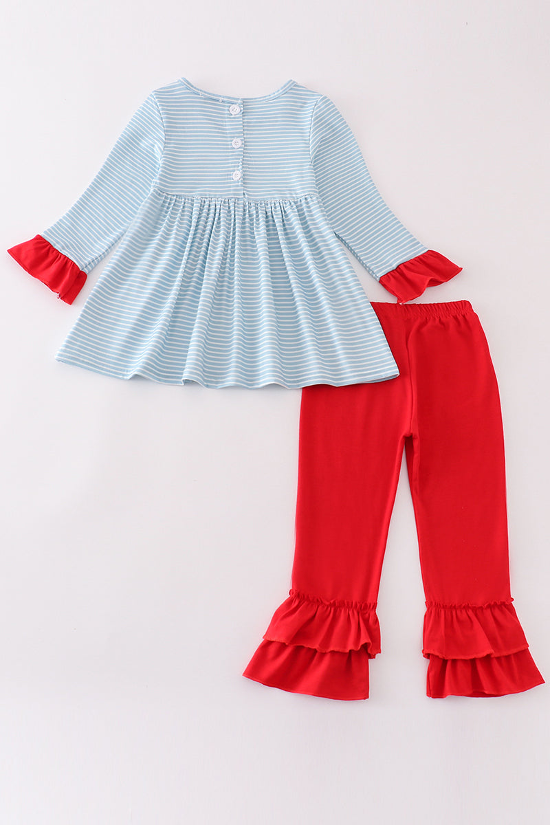 Blue stripe santa claus embroide girl set - Aaria Tees Aaria Tees