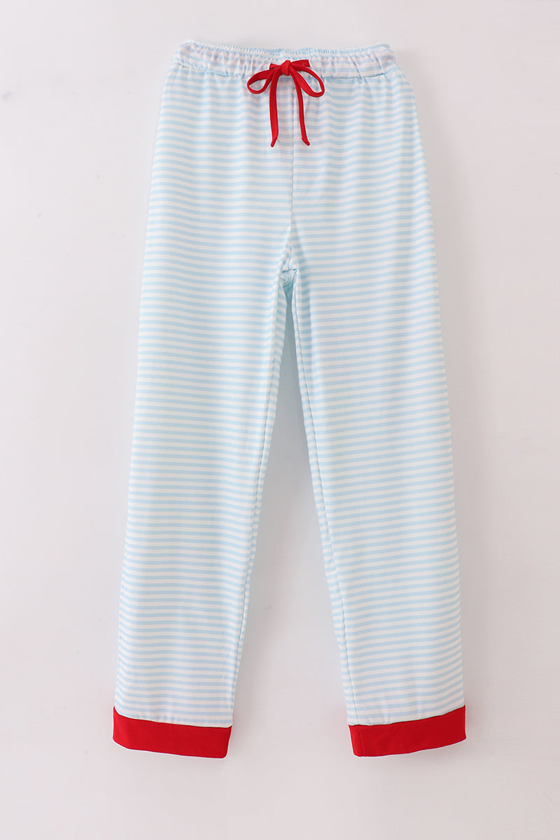 Blue stripe christmas santa claus embroidery men pajamas pants - Aaria Tees