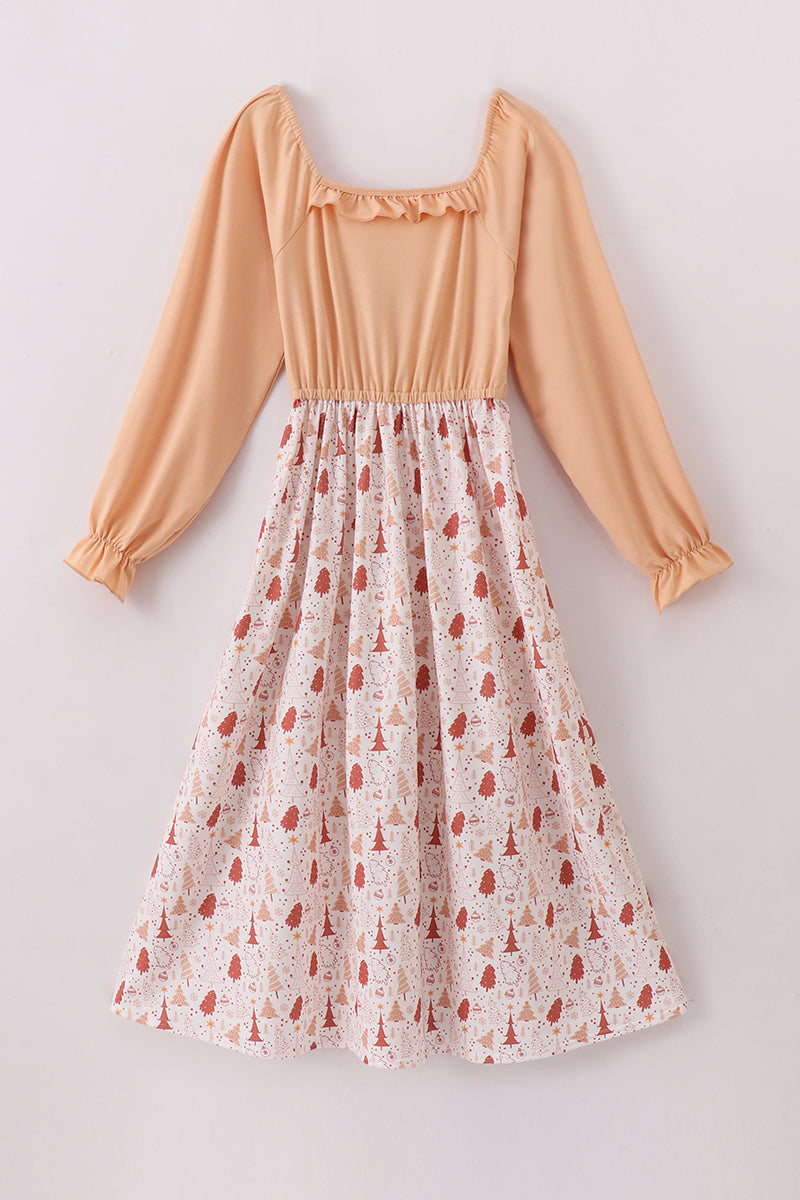 Khaki christmas tree applique women dress - Aaria Tees Aaria Tees
