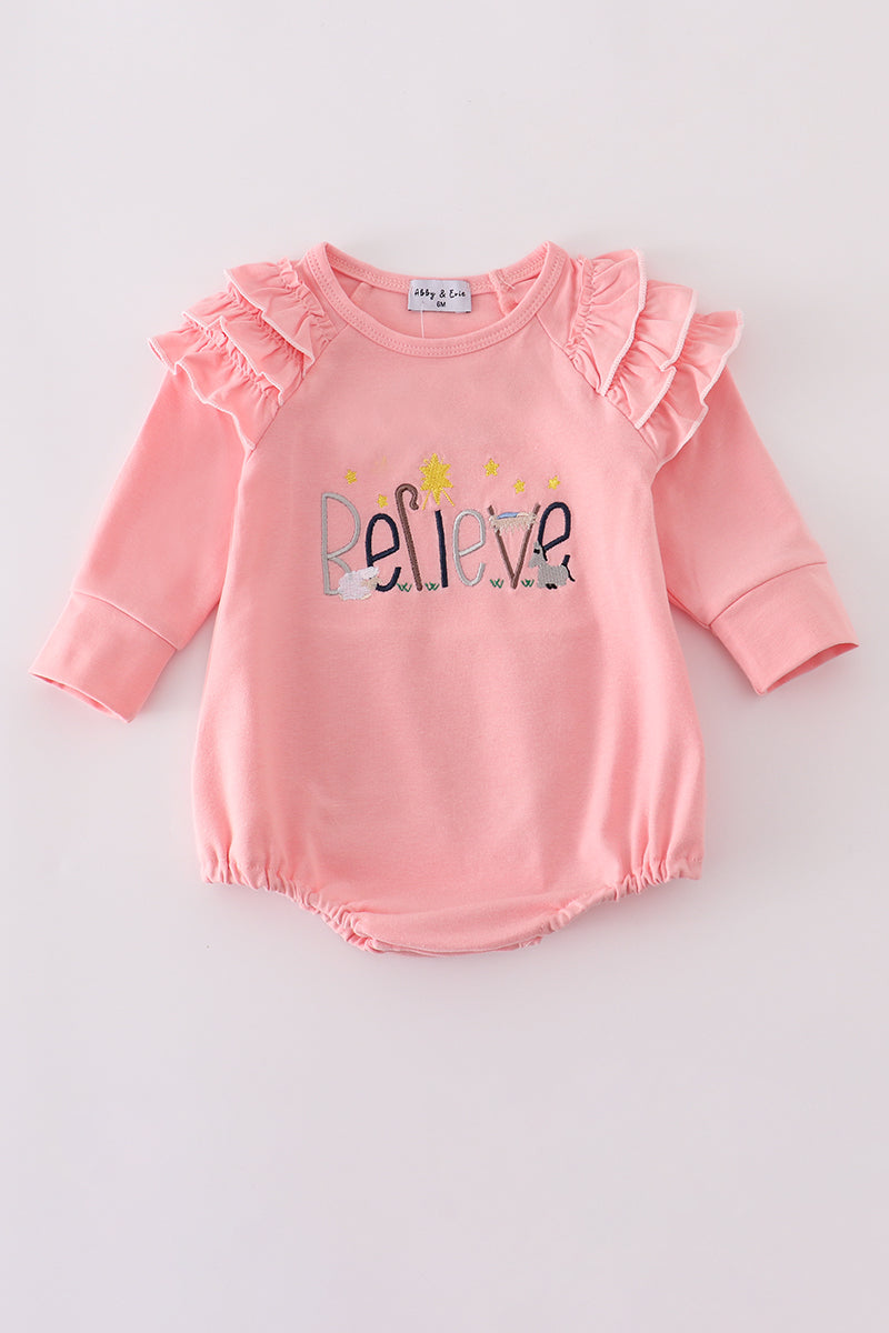 Pink believe embroidery ruffle bubble - Aaria Tees