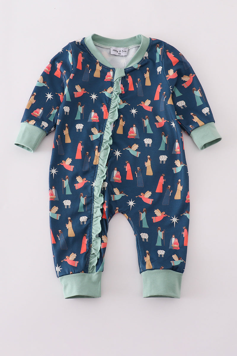Navy nativity print ruffle romper - Aaria Tees Aaria Tees
